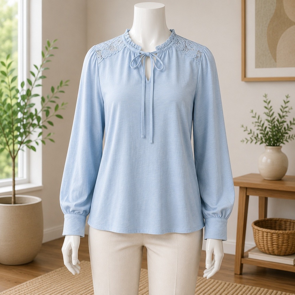 *DAMAGED* Me by Jennie Garth Blouse Large Blue Crochet Lace Ruffle Tie Neck Top